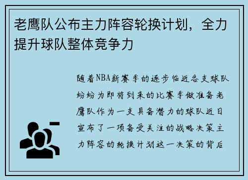老鹰队公布主力阵容轮换计划，全力提升球队整体竞争力